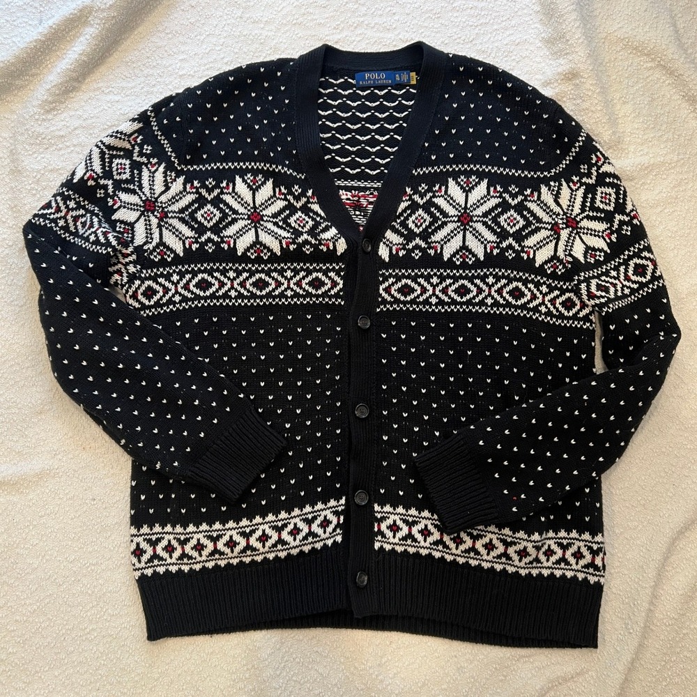 Polo Ralph Lauren Mens XL Black Fair Isle Cotton Cashmere Cardigan Sweater
